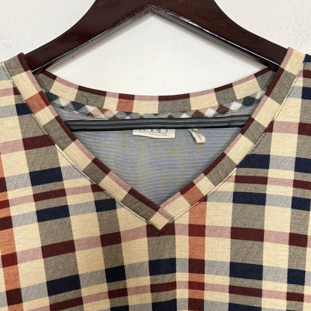 LOGO Lori Goldstein Plaid Sharkbite Tunic Top Large Boho V-Neck Asymmetrical - Picture 3 of 10